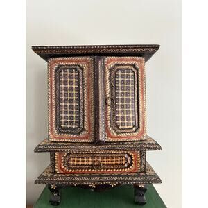 Vintage Hand Painted Wooden Jewelry Box Mini Cabinet Folk Art Mango Wood